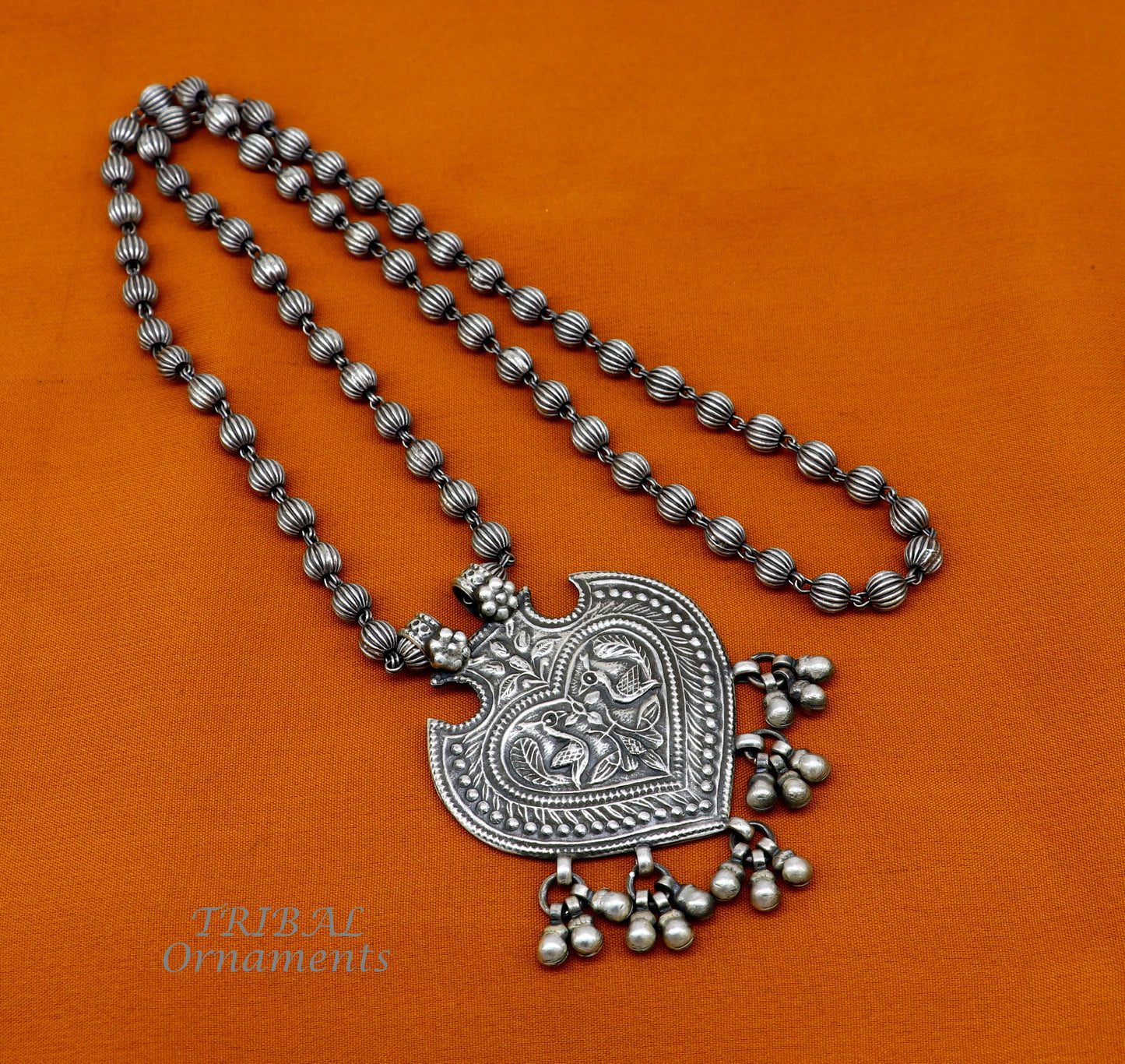 925 Sterling silver handmade vintage design pendant with beaded necklace hangings bells excellent tribal ethnic jewelry Rajasthan set518 - TRIBAL ORNAMENTS