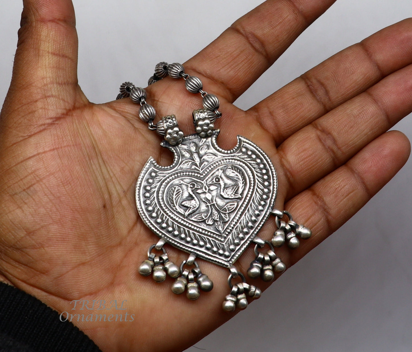 925 Sterling silver handmade vintage design pendant with beaded necklace hangings bells excellent tribal ethnic jewelry Rajasthan set518 - TRIBAL ORNAMENTS