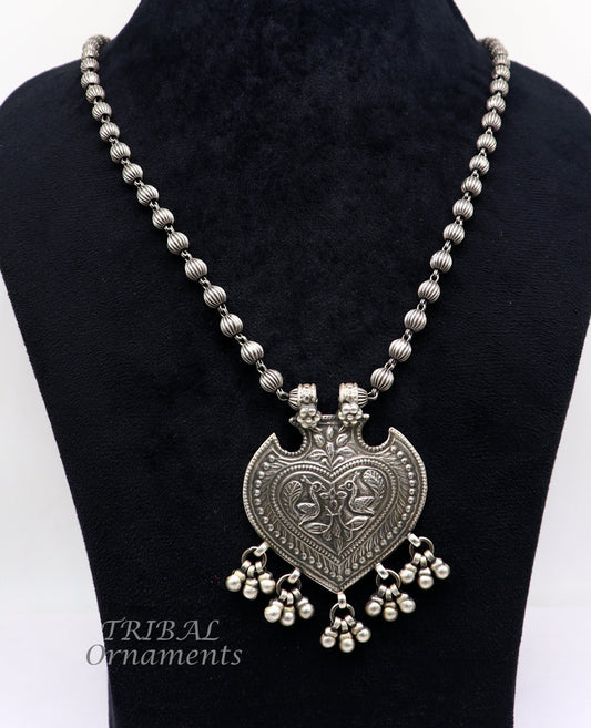 925 Sterling silver handmade vintage design pendant with beaded necklace hangings bells excellent tribal ethnic jewelry Rajasthan set518 - TRIBAL ORNAMENTS