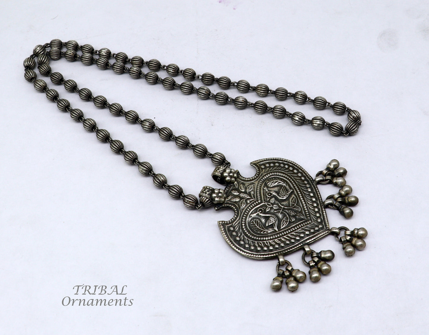 925 Sterling silver handmade vintage design pendant with beaded necklace hangings bells excellent tribal ethnic jewelry Rajasthan set518 - TRIBAL ORNAMENTS