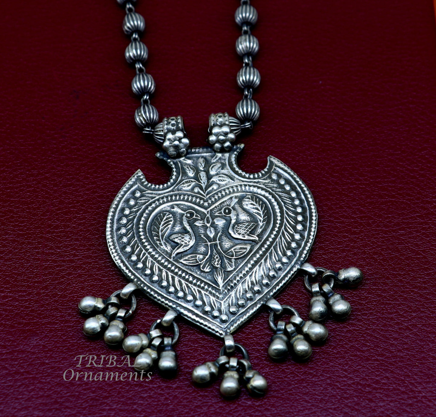 925 Sterling silver handmade vintage design pendant with beaded necklace hangings bells excellent tribal ethnic jewelry Rajasthan set518 - TRIBAL ORNAMENTS