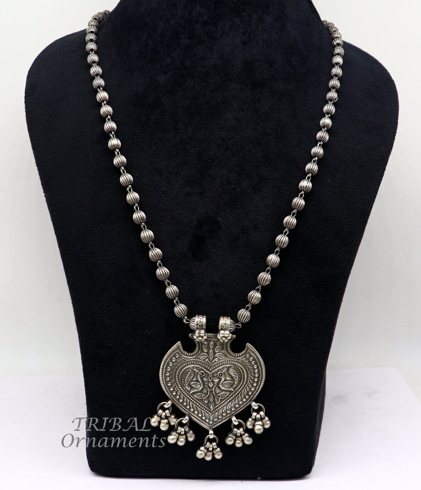 925 Sterling silver handmade vintage design pendant with beaded necklace hangings bells excellent tribal ethnic jewelry Rajasthan set518 - TRIBAL ORNAMENTS