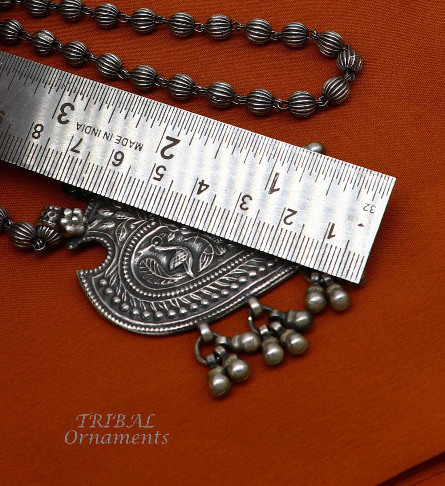 925 Sterling silver handmade vintage design pendant with beaded necklace hangings bells excellent tribal ethnic jewelry Rajasthan set518 - TRIBAL ORNAMENTS