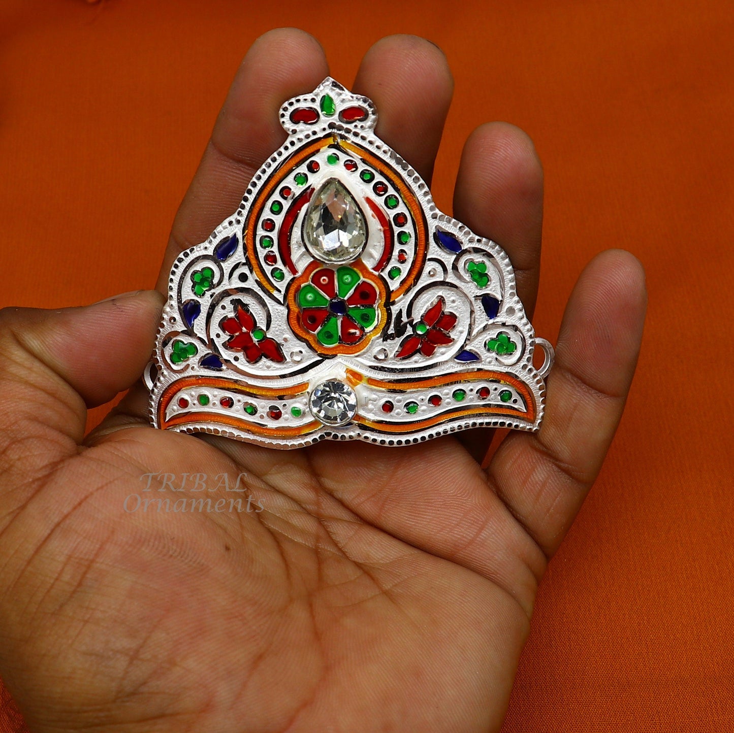 Mukut for All idols 925 sterling silver vintage enamel work design handmade mukut (crown), amazing silver god crown mukut art su1002 - TRIBAL ORNAMENTS