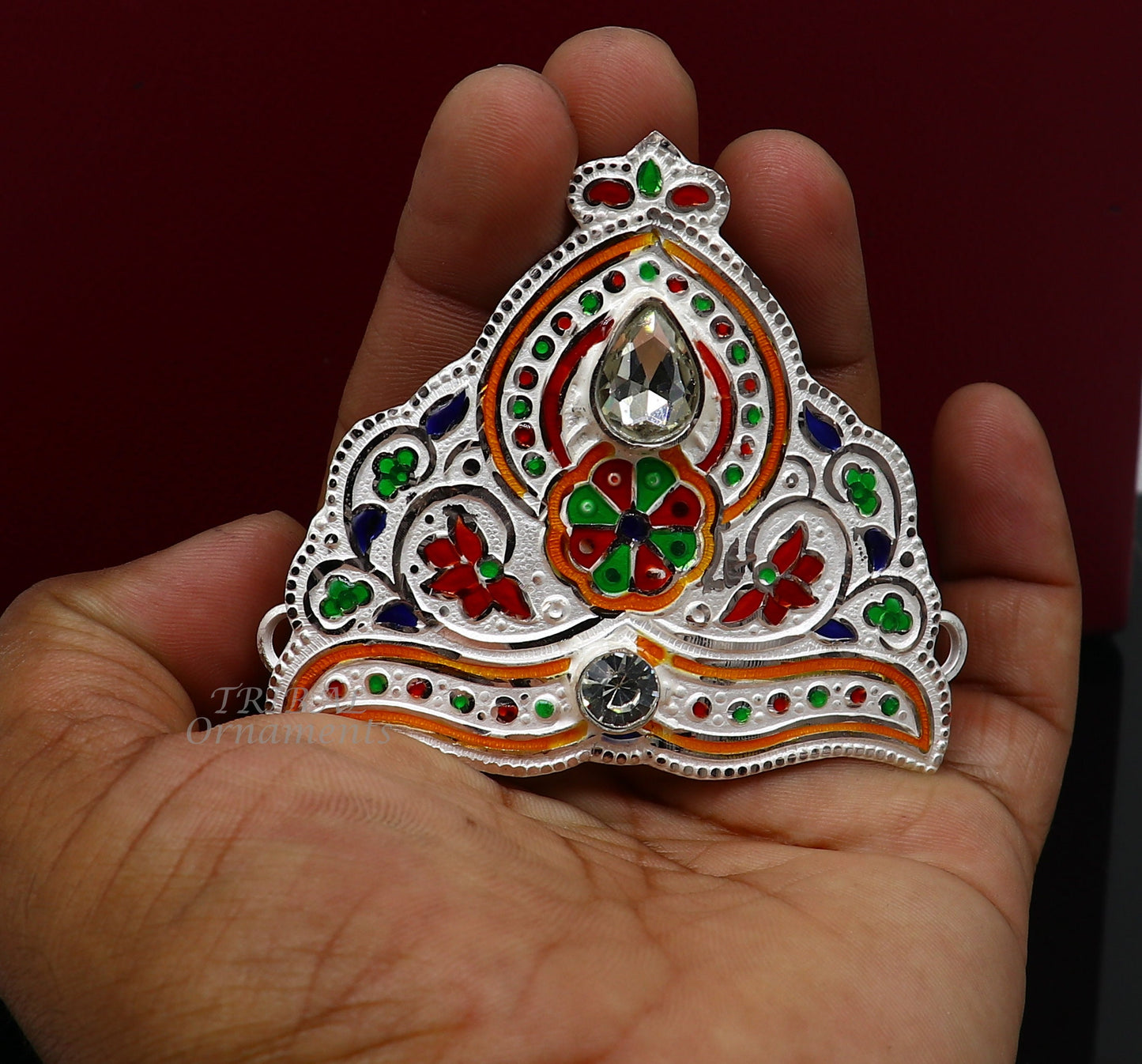 Mukut for All idols 925 sterling silver vintage enamel work design handmade mukut (crown), amazing silver god crown mukut art su1002 - TRIBAL ORNAMENTS