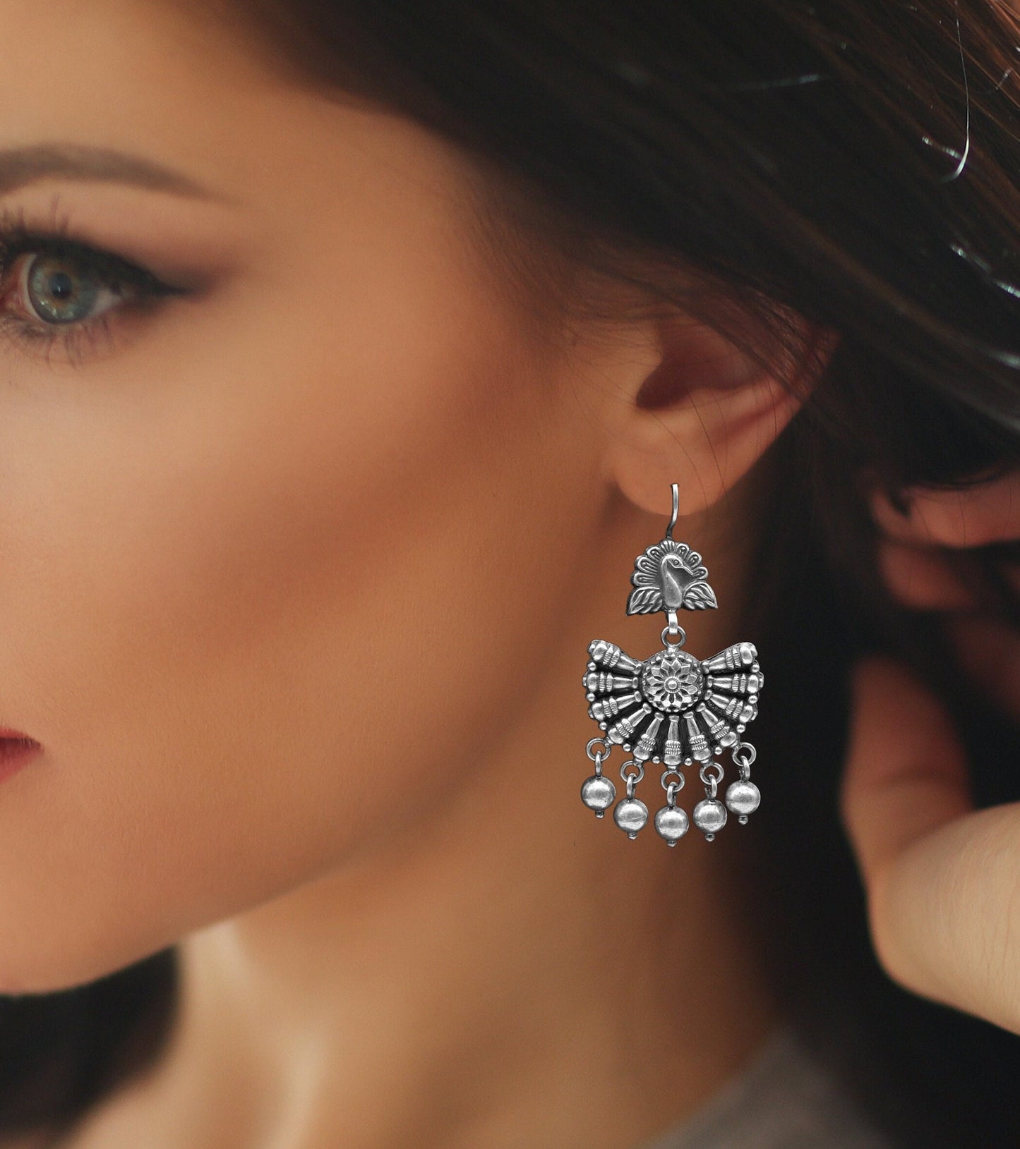 Vintage design 925 sterling silver handmade fabulous peacock hoops earrings with hanging bells tribal jewelry belly dance india s340 - TRIBAL ORNAMENTS