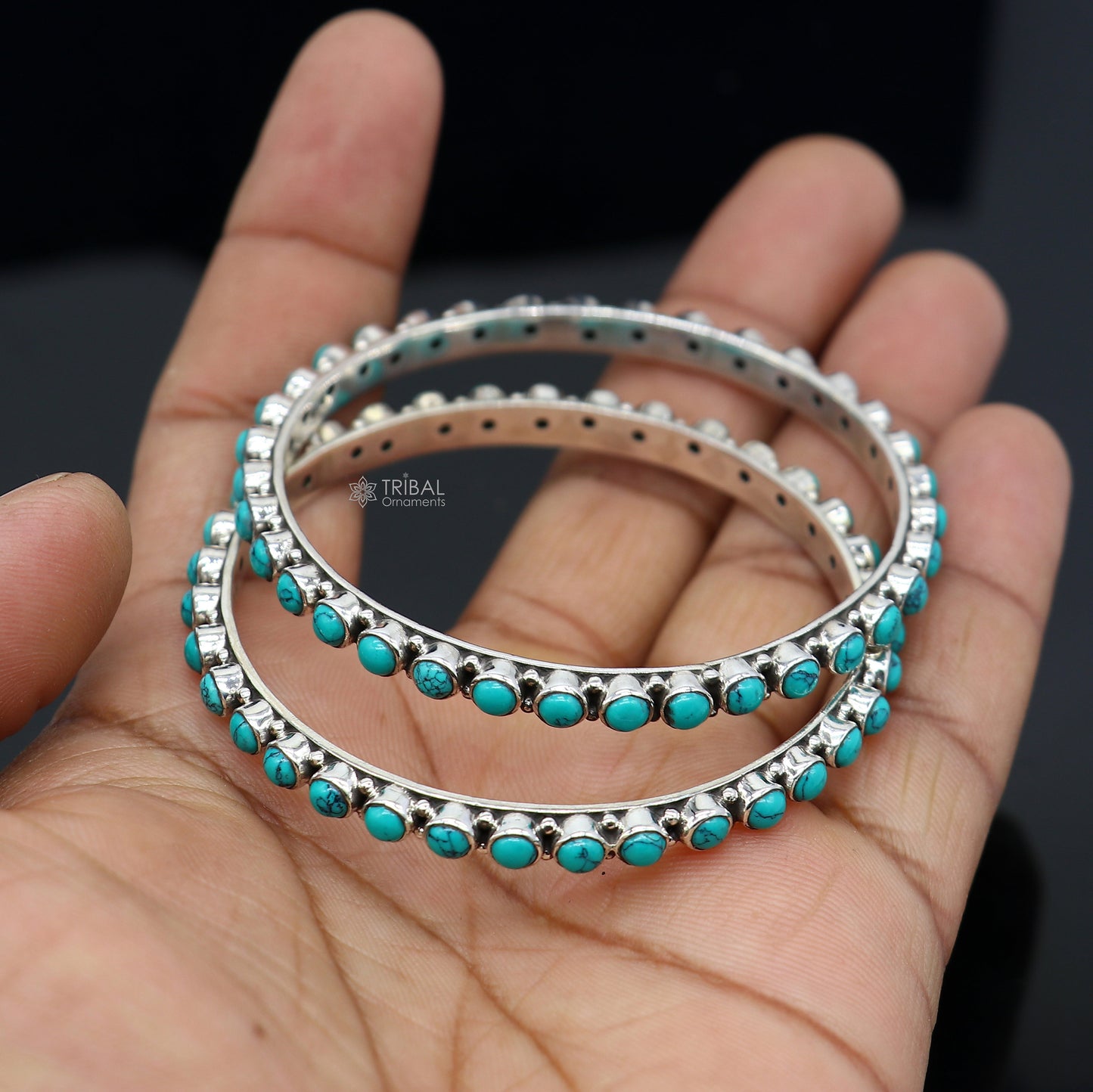925 sterling silver vintage Waved design turquoise stone bangle bracelet kada, best gift for brides ethnic jewelry nba418 - TRIBAL ORNAMENTS