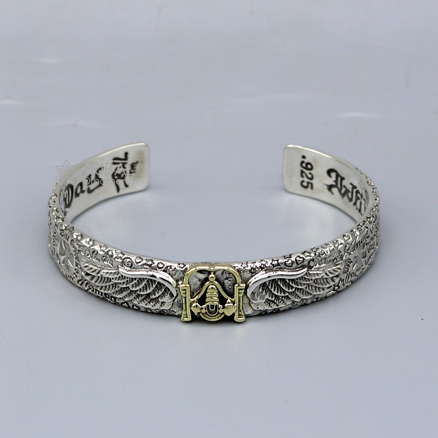 925 sterling silver handmade Feather design lord Venkateshwara/ Tirupati Balaji adjustable bangle bracelet kada unisex jewelry cuff220 - TRIBAL ORNAMENTS