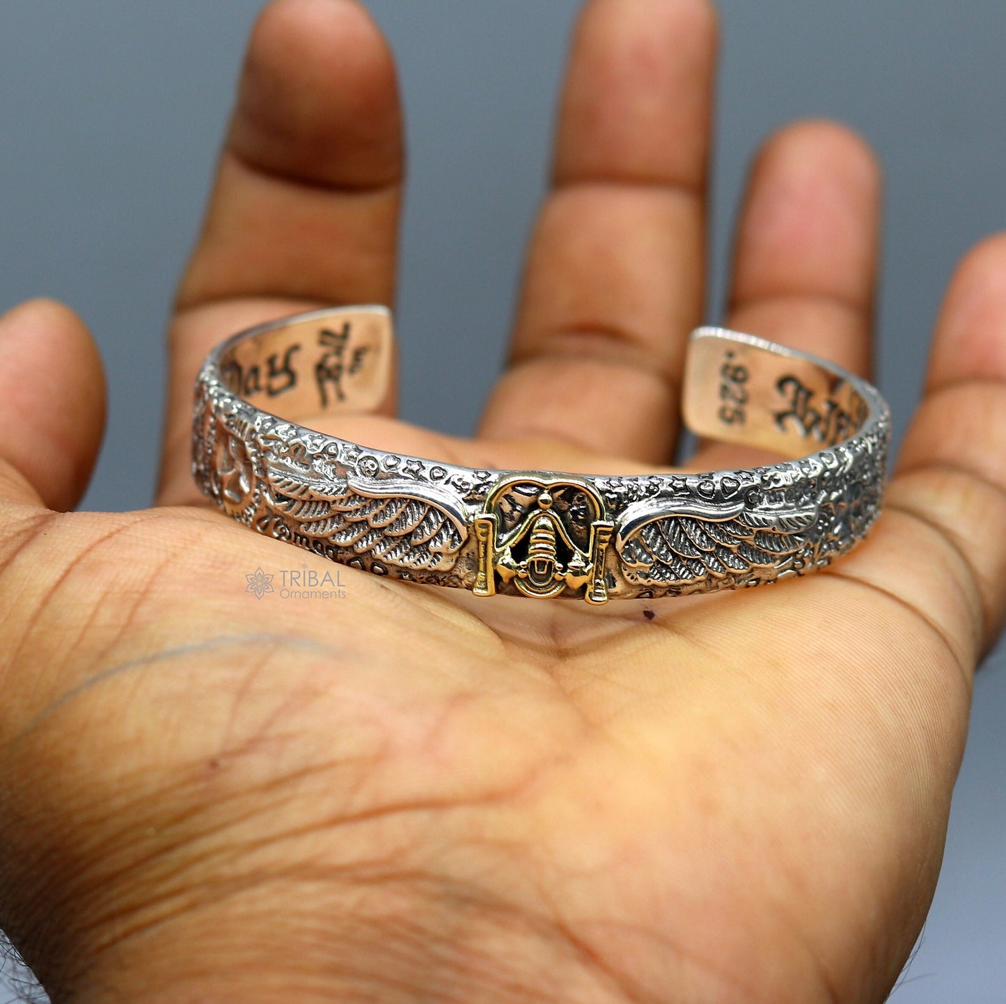 925 sterling silver handmade Feather design lord Venkateshwara/ Tirupati Balaji adjustable bangle bracelet kada unisex jewelry cuff220 - TRIBAL ORNAMENTS