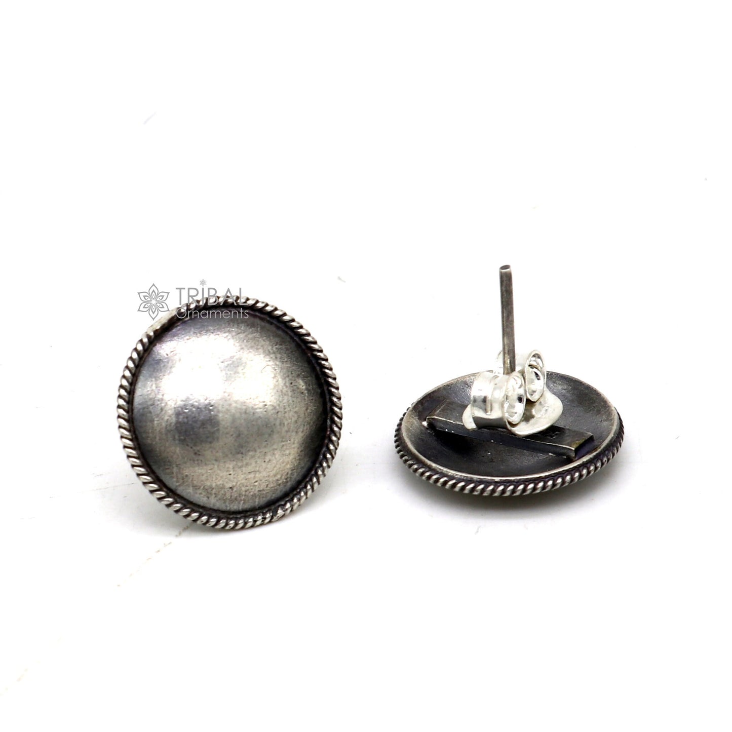 Vintage design 925 sterling silver plain handmade 18MM round design fabulous Stud earrings tribal jewelry from india S1305 - TRIBAL ORNAMENTS