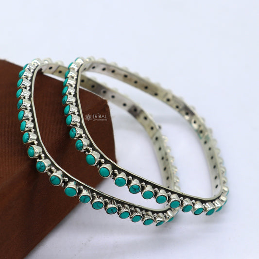 925 sterling silver vintage Waved design turquoise stone bangle bracelet kada, best gift for brides ethnic jewelry nba419 - TRIBAL ORNAMENTS