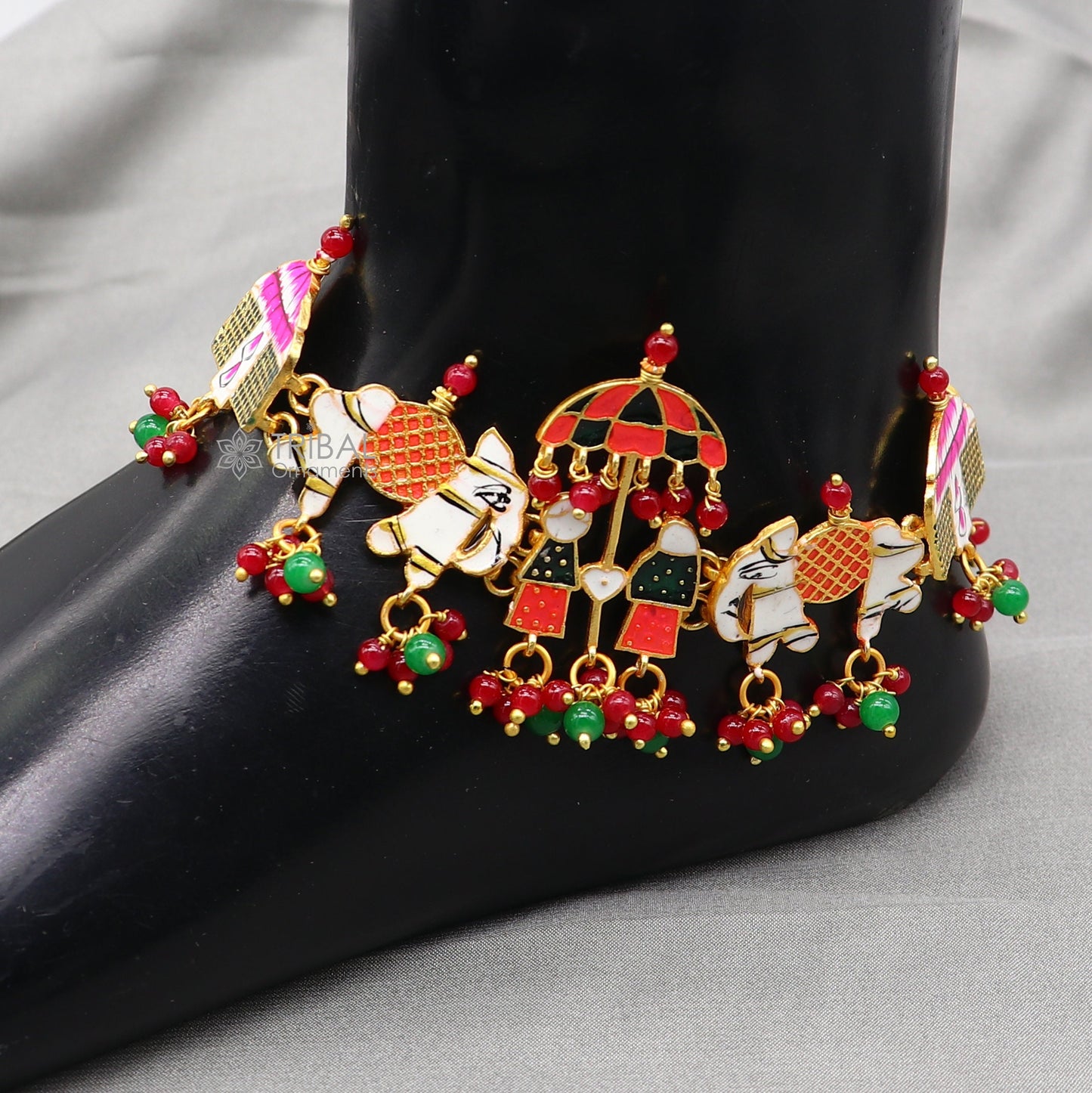 925 sterling silver gold polished fabulous Barat or groom and brides design cultural ethnic anklets for brides ank642 - TRIBAL ORNAMENTS