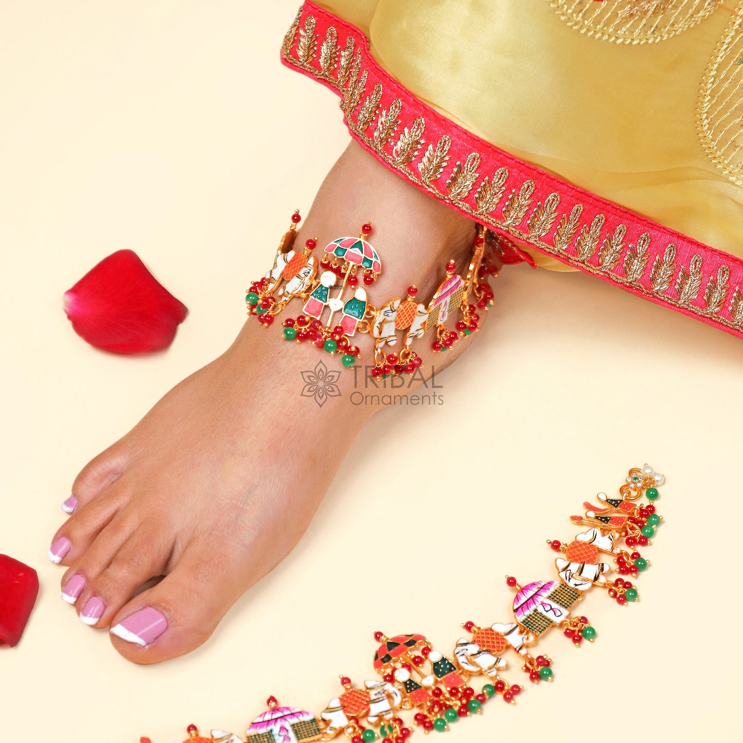 925 sterling silver gold polished fabulous Barat or groom and brides design cultural ethnic anklets for brides ank642 - TRIBAL ORNAMENTS