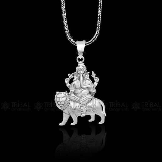 925 sterling silver Lord Ganesha with lion design pendant necklace, Lord Ganesha unique style handmade pendant for unisex gift  Nsp823 - TRIBAL ORNAMENTS