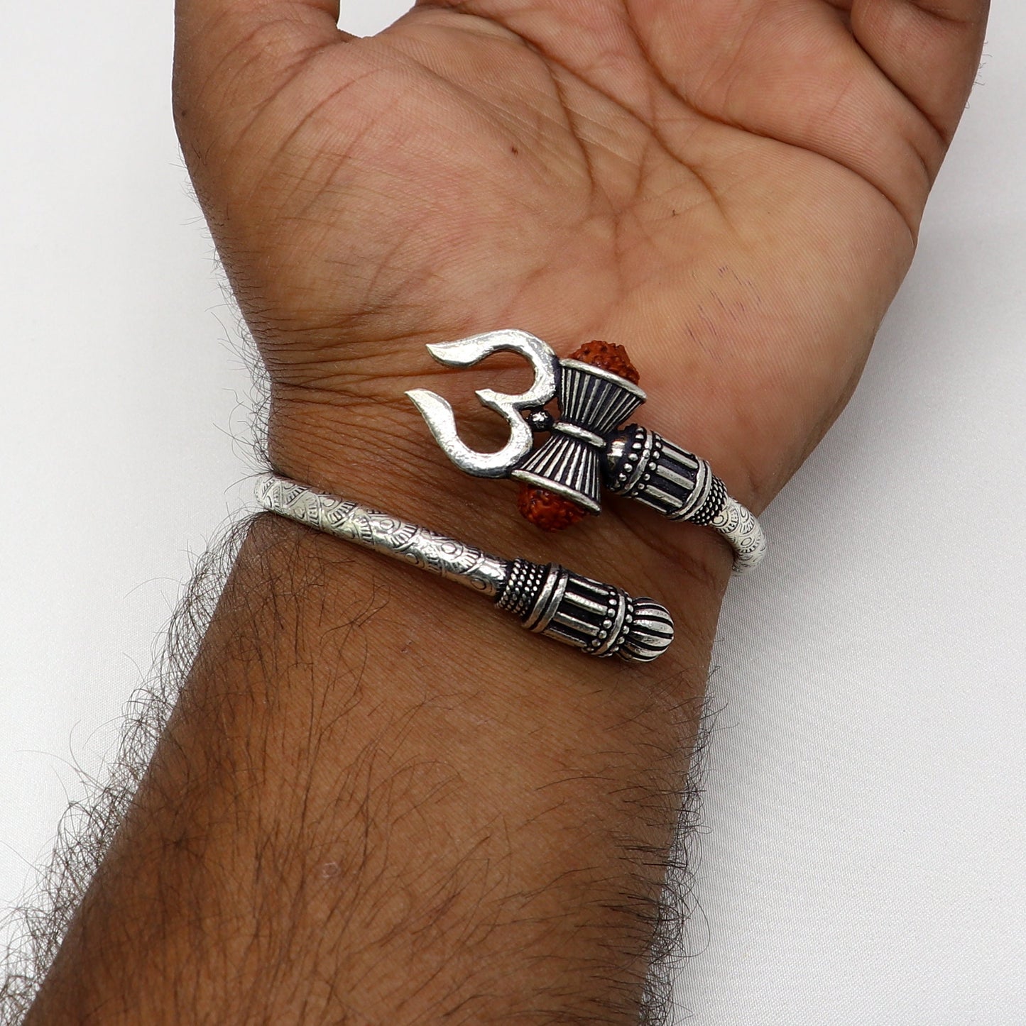 925 Sterling silver handmade Amazing work Lord Shiva trident trishul kada bangle bracelet with natural Rudraksha customized kada nsk832 - TRIBAL ORNAMENTS