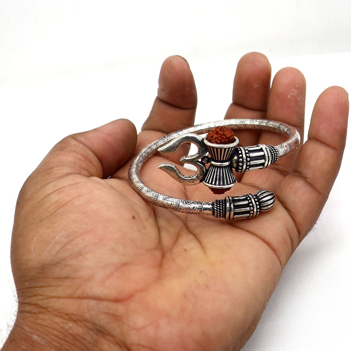 925 Sterling silver handmade Amazing work Lord Shiva trident trishul kada bangle bracelet with natural Rudraksha customized kada nsk832 - TRIBAL ORNAMENTS