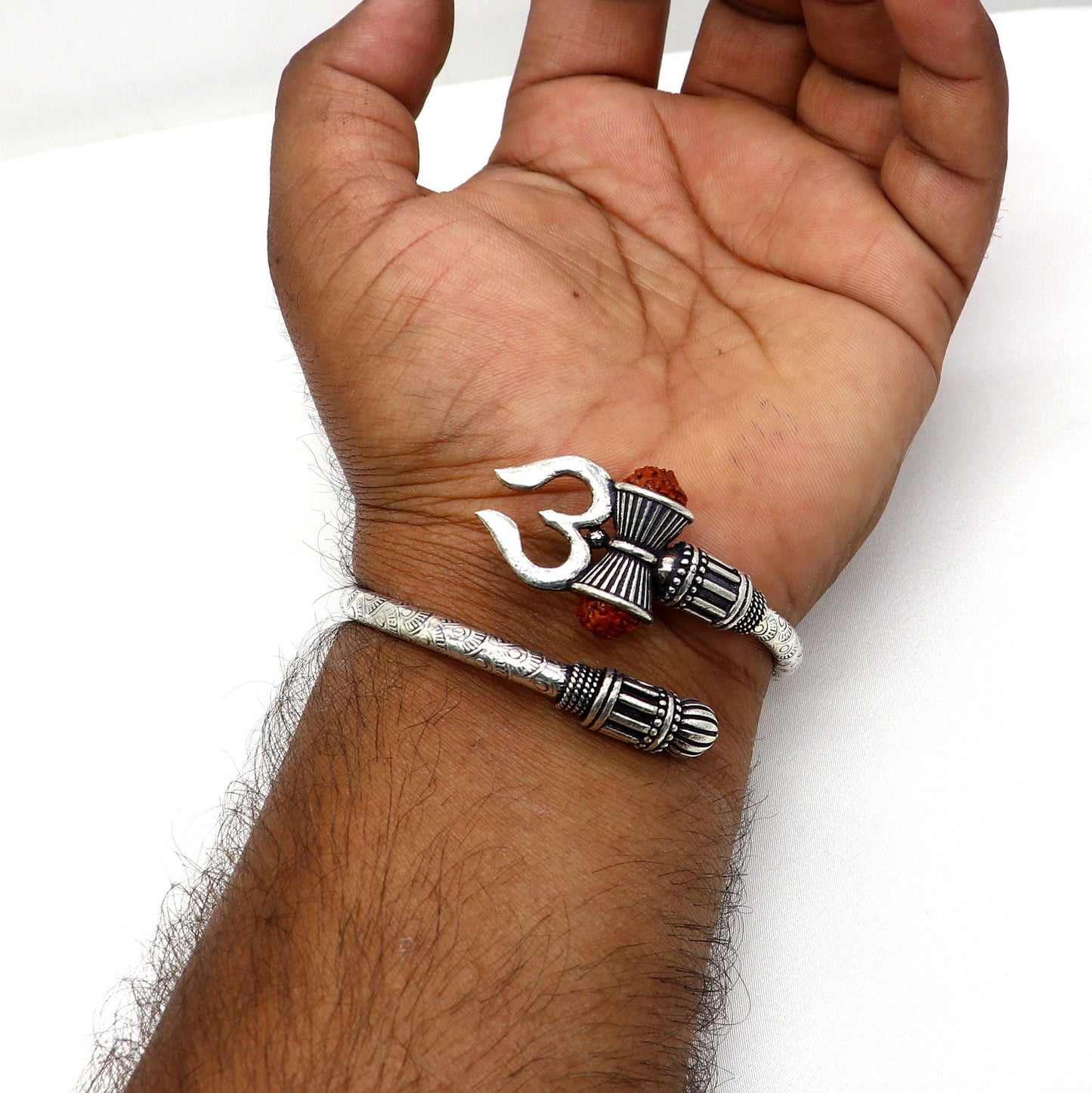 925 Sterling silver handmade Amazing work Lord Shiva trident trishul kada bangle bracelet with natural Rudraksha customized kada nsk832 - TRIBAL ORNAMENTS