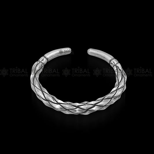 925 sterling silver solid adjustable heavy kada bracelet for men, amazing indian traditional cultural design plain kada nsk834 - TRIBAL ORNAMENTS
