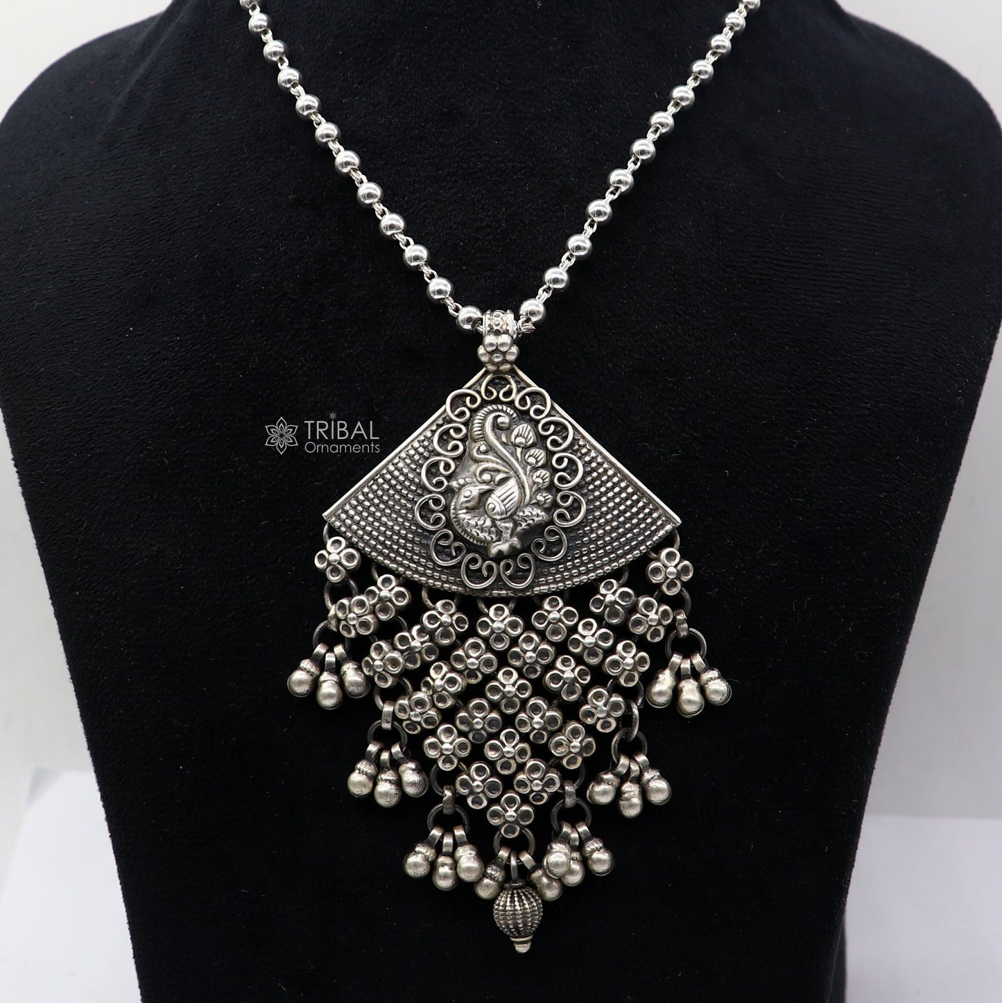 30" 925 sterling silver peacock design pendant with hanging drops, oxidized brides belly dance gifting necklace ethnic jewelry set683 - TRIBAL ORNAMENTS