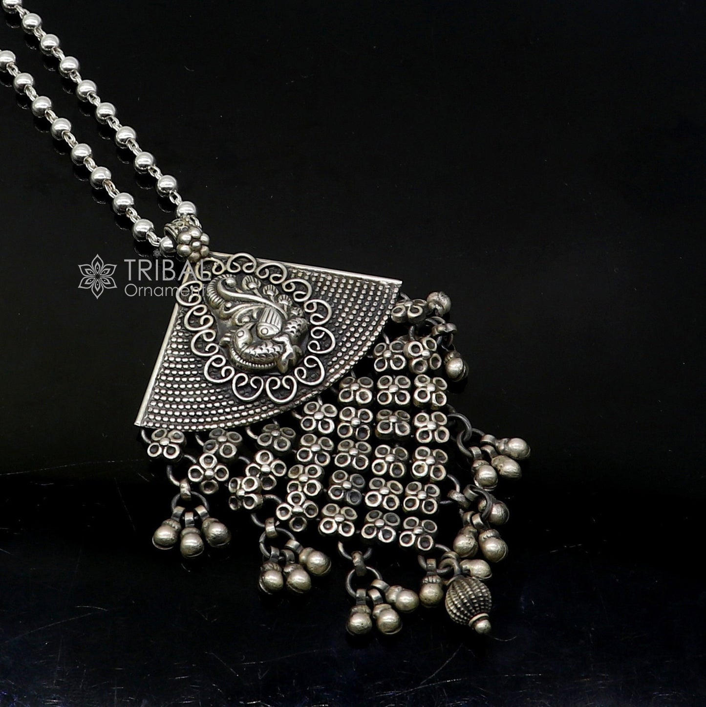 30" 925 sterling silver peacock design pendant with hanging drops, oxidized brides belly dance gifting necklace ethnic jewelry set683 - TRIBAL ORNAMENTS