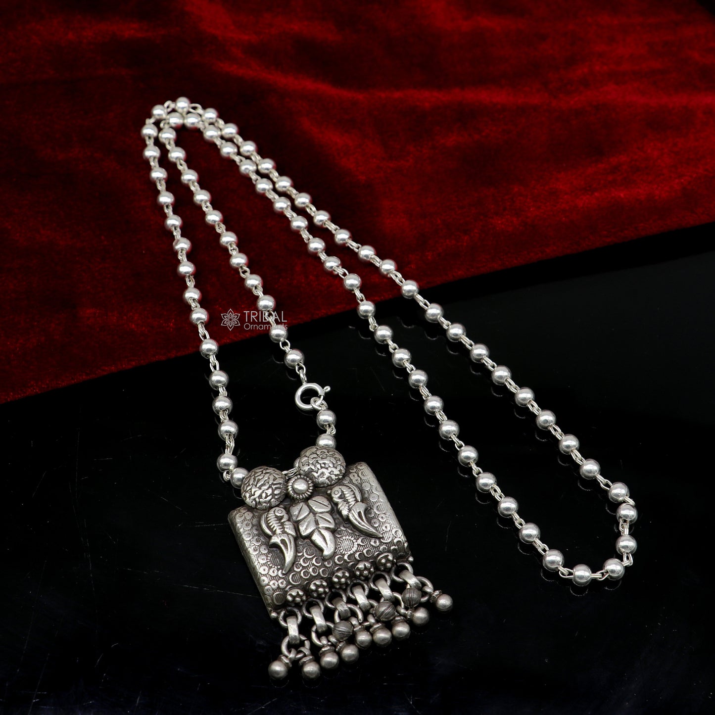 925 sterling silver handmade tribal bird design charming work pendant with silver beaded necklace best for all outfit set694 - TRIBAL ORNAMENTS