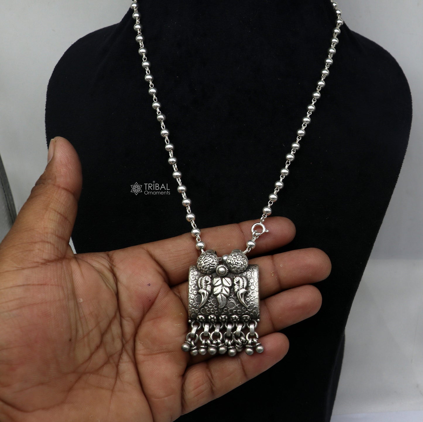 925 sterling silver handmade tribal bird design charming work pendant with silver beaded necklace best for all outfit set694 - TRIBAL ORNAMENTS