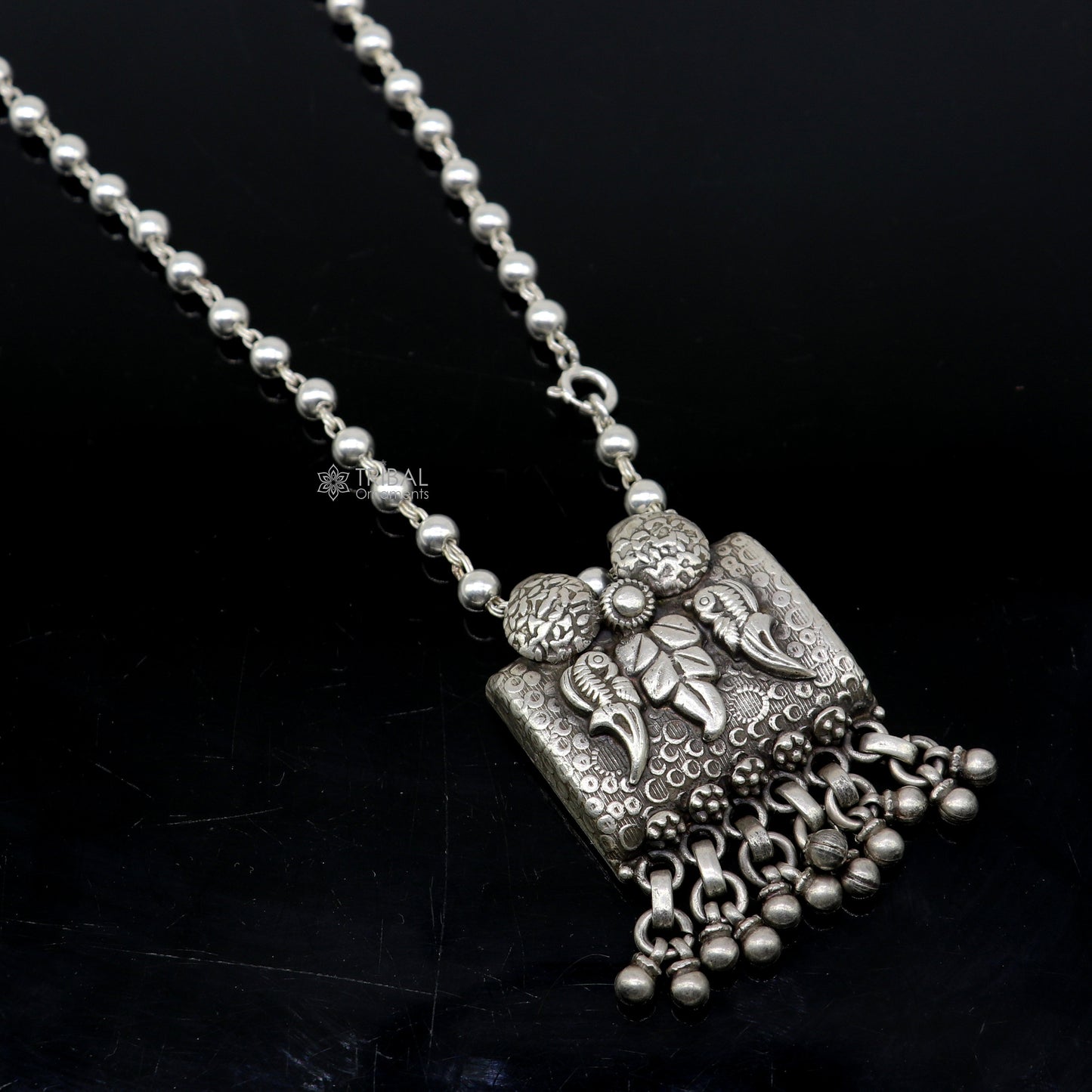925 sterling silver handmade tribal bird design charming work pendant with silver beaded necklace best for all outfit set694 - TRIBAL ORNAMENTS