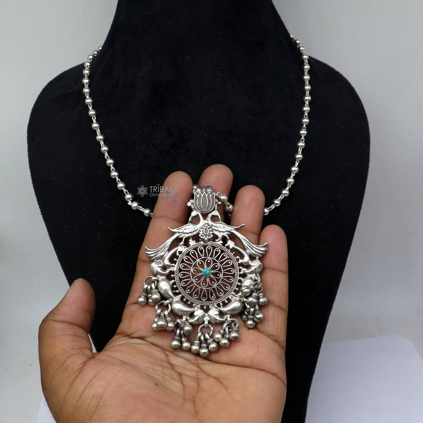 Handmade Charming peacock design 925 sterling silver pendant with silver beaded necklace best for all outfit set696 - TRIBAL ORNAMENTS