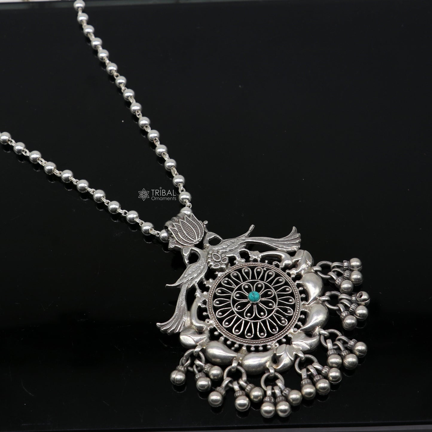 Handmade Charming peacock design 925 sterling silver pendant with silver beaded necklace best for all outfit set696 - TRIBAL ORNAMENTS