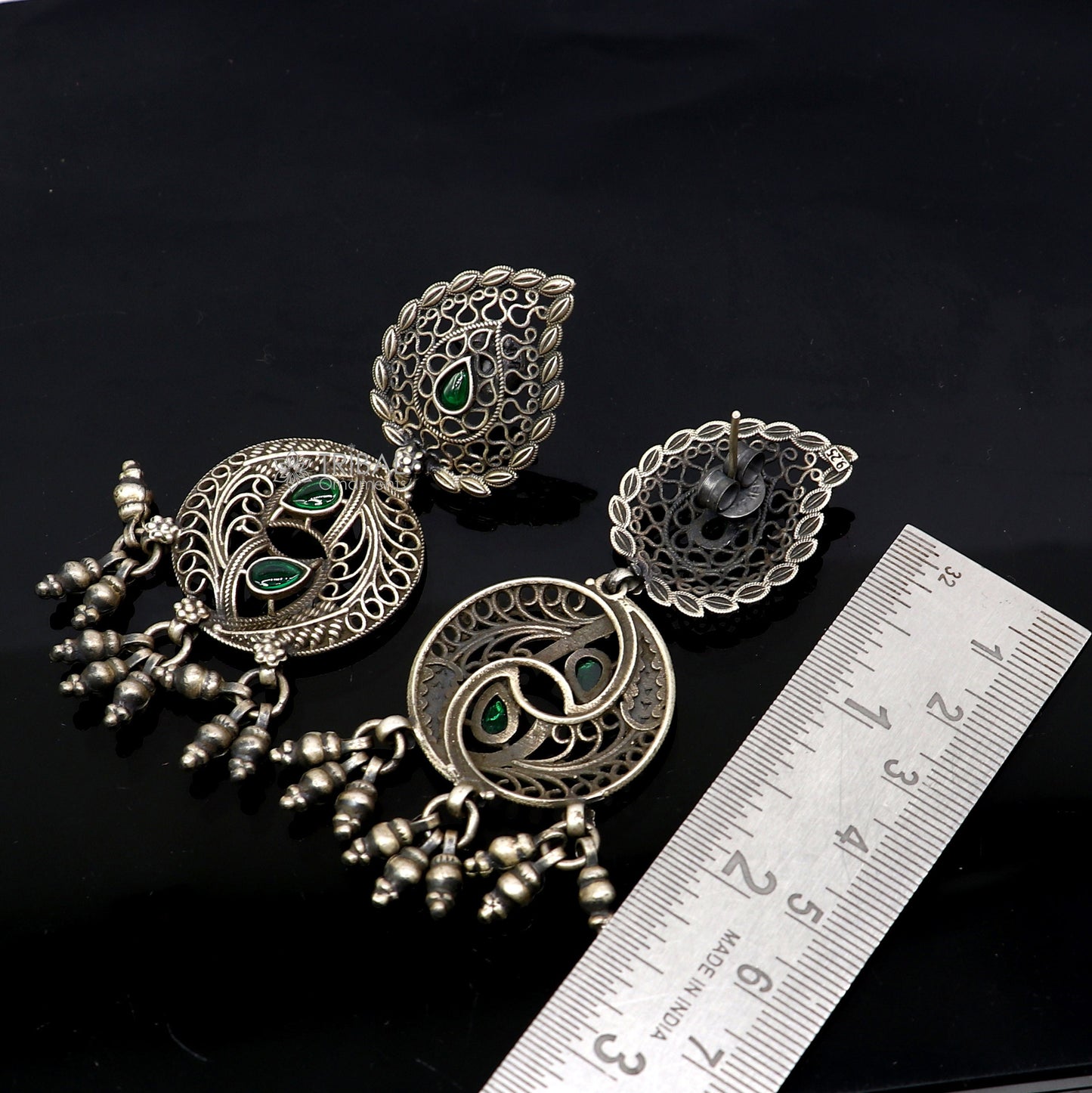 925 sterling silver fabulous unique filigree work design gree stone stud earrings with hanging drops ethnic brides jewellery India s1315 - TRIBAL ORNAMENTS