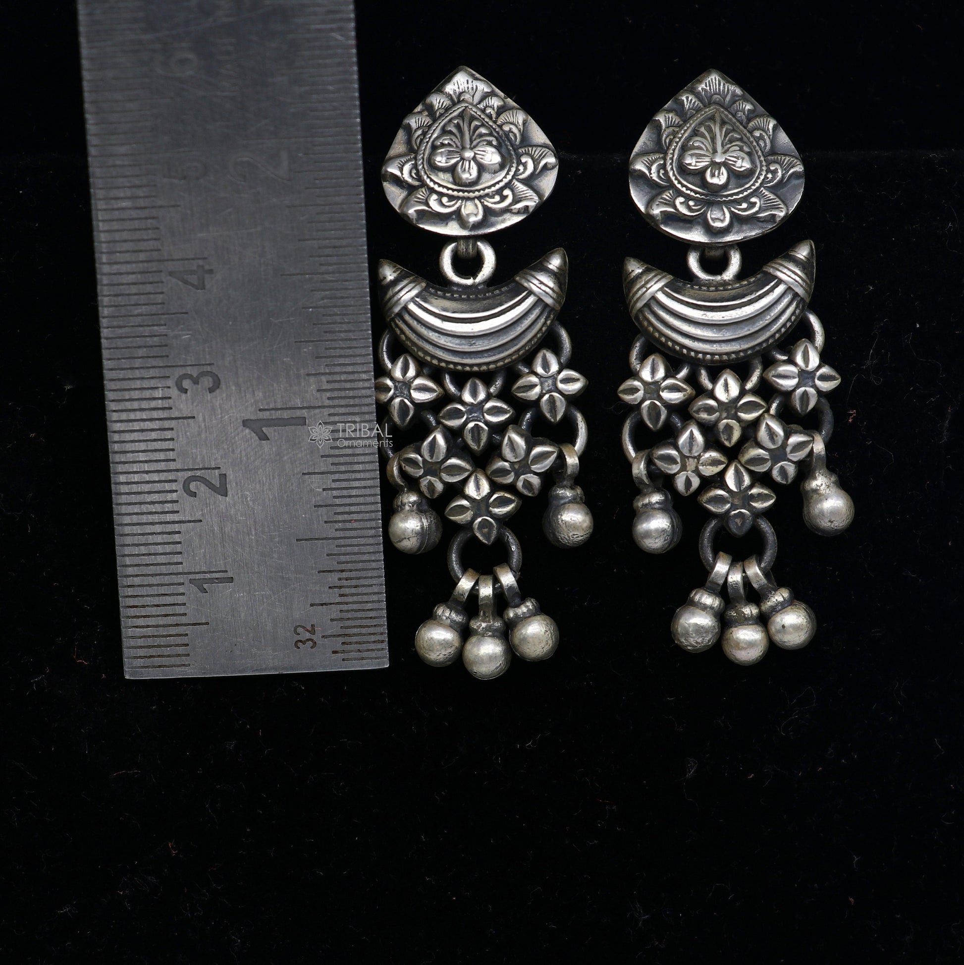 925 sterling silver unique work floral design stud earrings with hanging drops ethnic brides jewellery India s1316 - TRIBAL ORNAMENTS