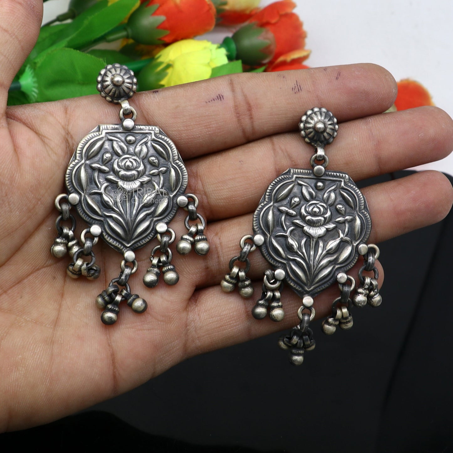 925 sterling silver ethnic tribal drop dangling earrings s1318 - TRIBAL ORNAMENTS