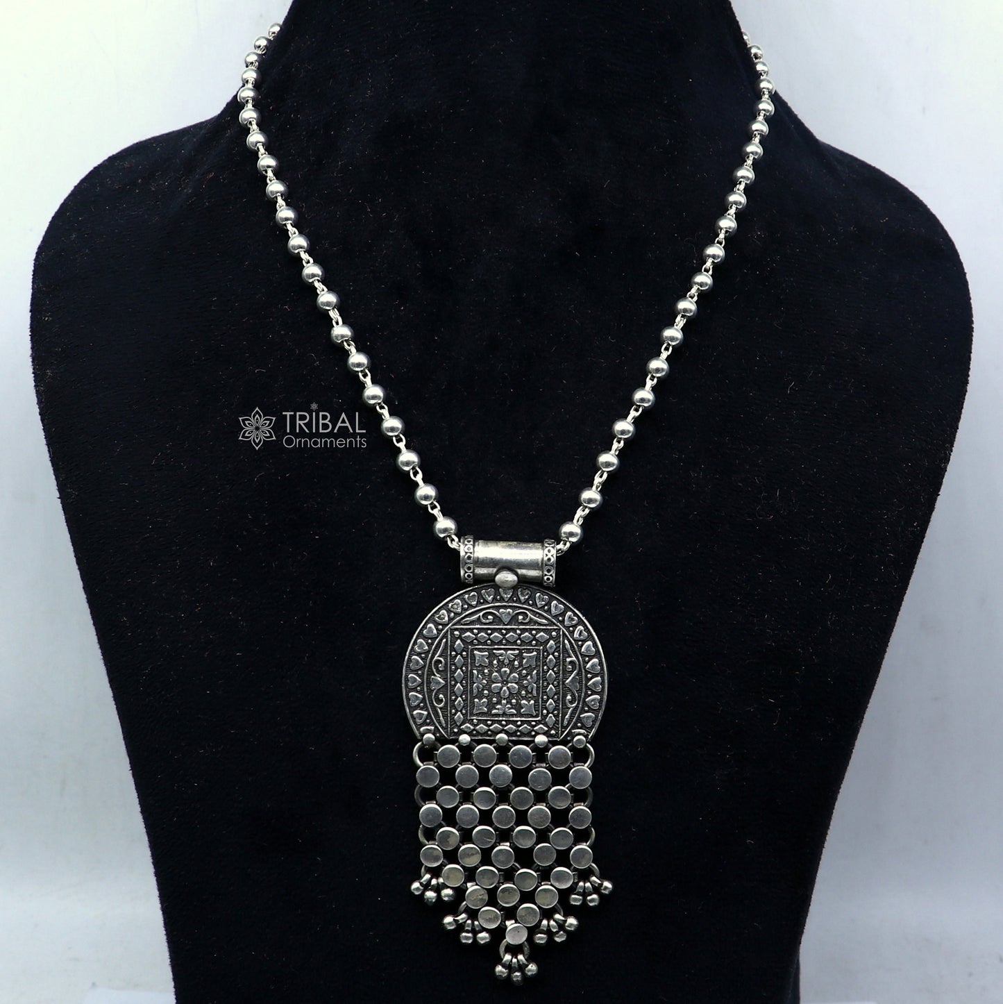 30" 925 sterling silver handmade 4mm beaded long necklace with unique design traditional cultural functional charm necklace jewelry Set702 - TRIBAL ORNAMENTS