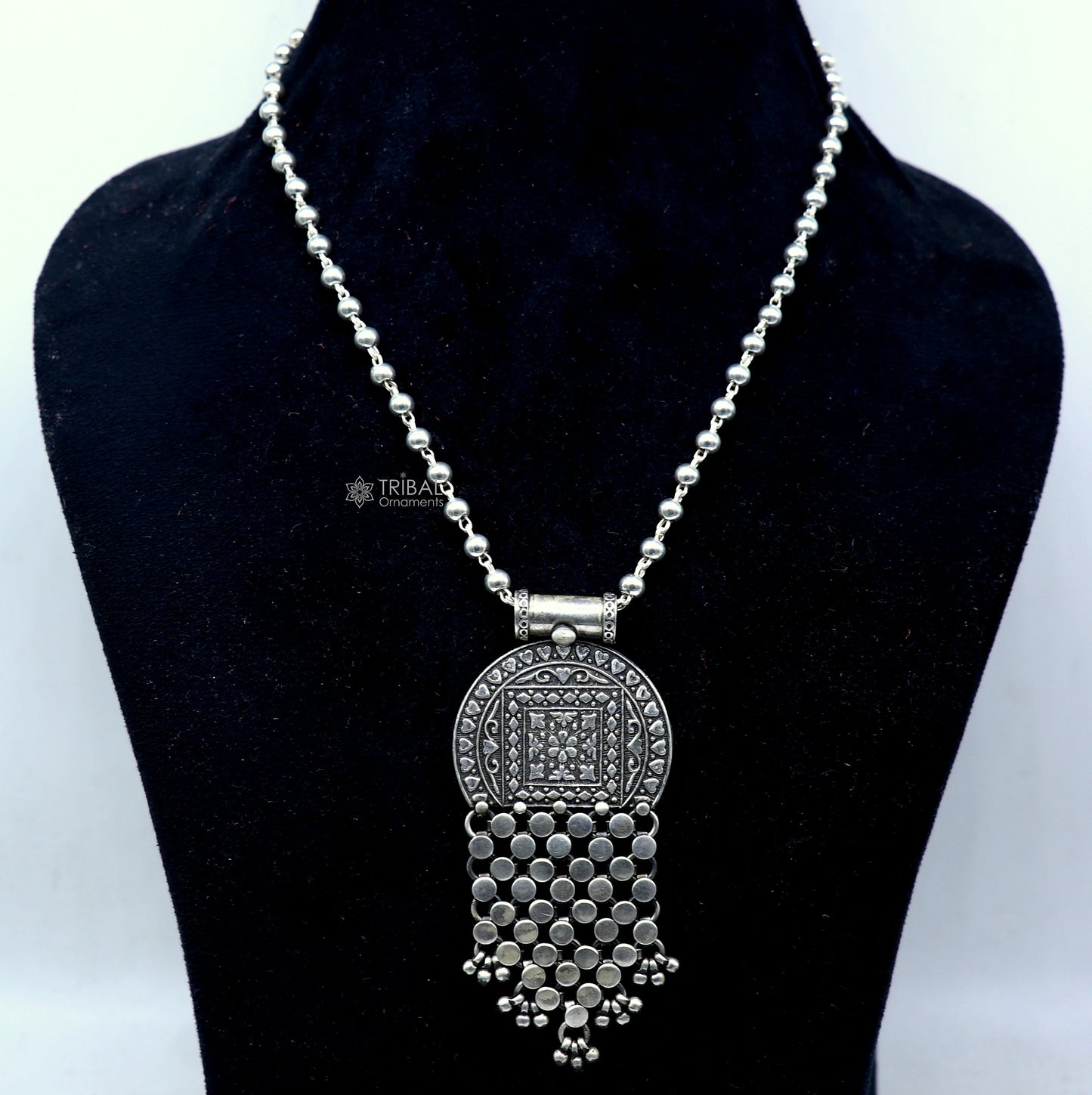 30" 925 sterling silver handmade 4mm beaded long necklace with unique design traditional cultural functional charm necklace jewelry Set702 - TRIBAL ORNAMENTS