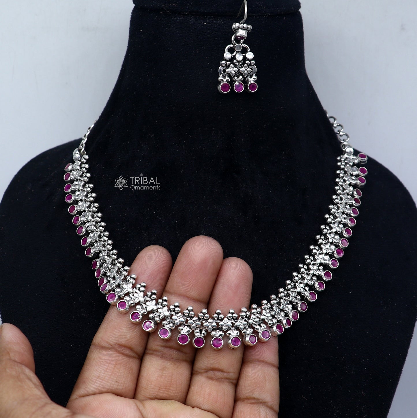 Amazing stylish red stone necklace 925 sterling silver customized gorgeous necklace set adjustable back links set704 - TRIBAL ORNAMENTS