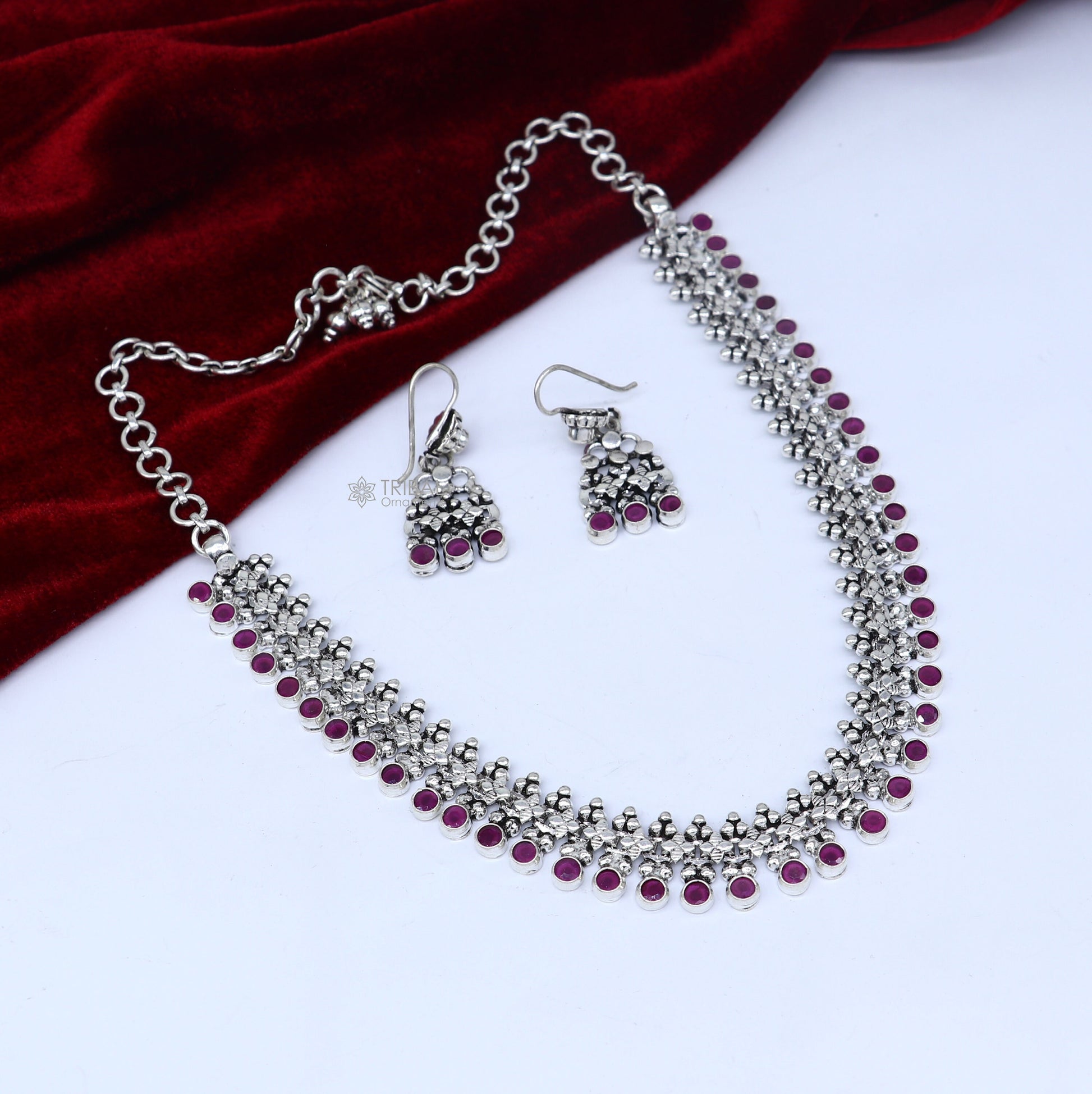 Amazing stylish red stone necklace 925 sterling silver customized gorgeous necklace set adjustable back links set704 - TRIBAL ORNAMENTS