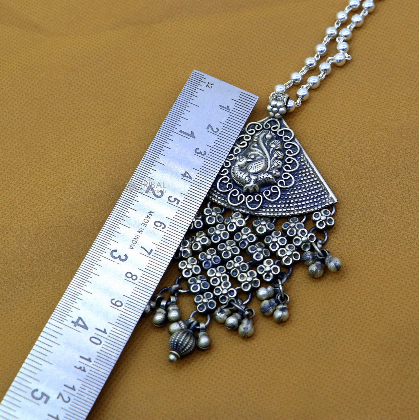 30" 925 sterling silver peacock design pendant with hanging drops, oxidized brides belly dance gifting necklace ethnic jewelry set683 - TRIBAL ORNAMENTS
