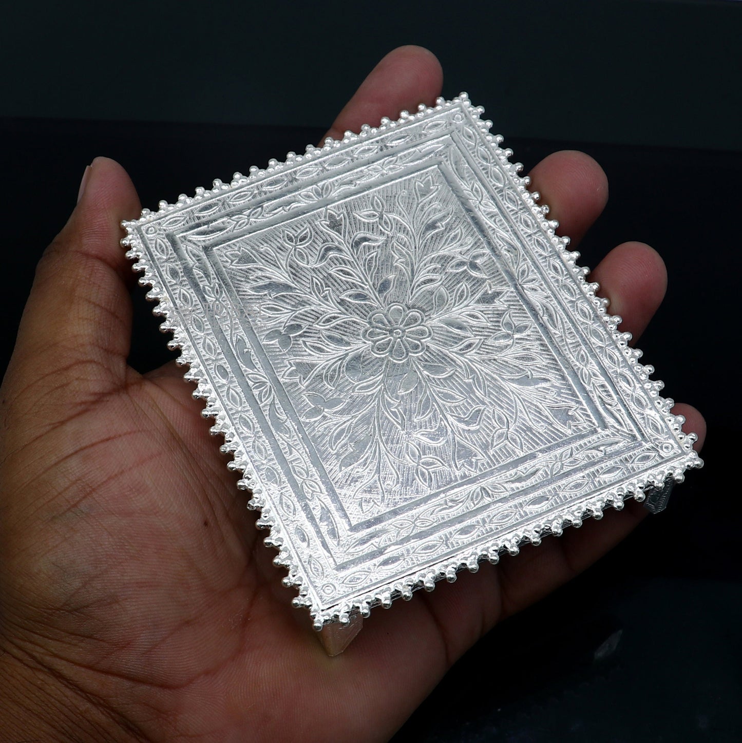 3.5"x4" Vintage design Sterling silver handmade customize small rectangle shape table/bazot/chouki, excellent home puja utensils su1302 - TRIBAL ORNAMENTS