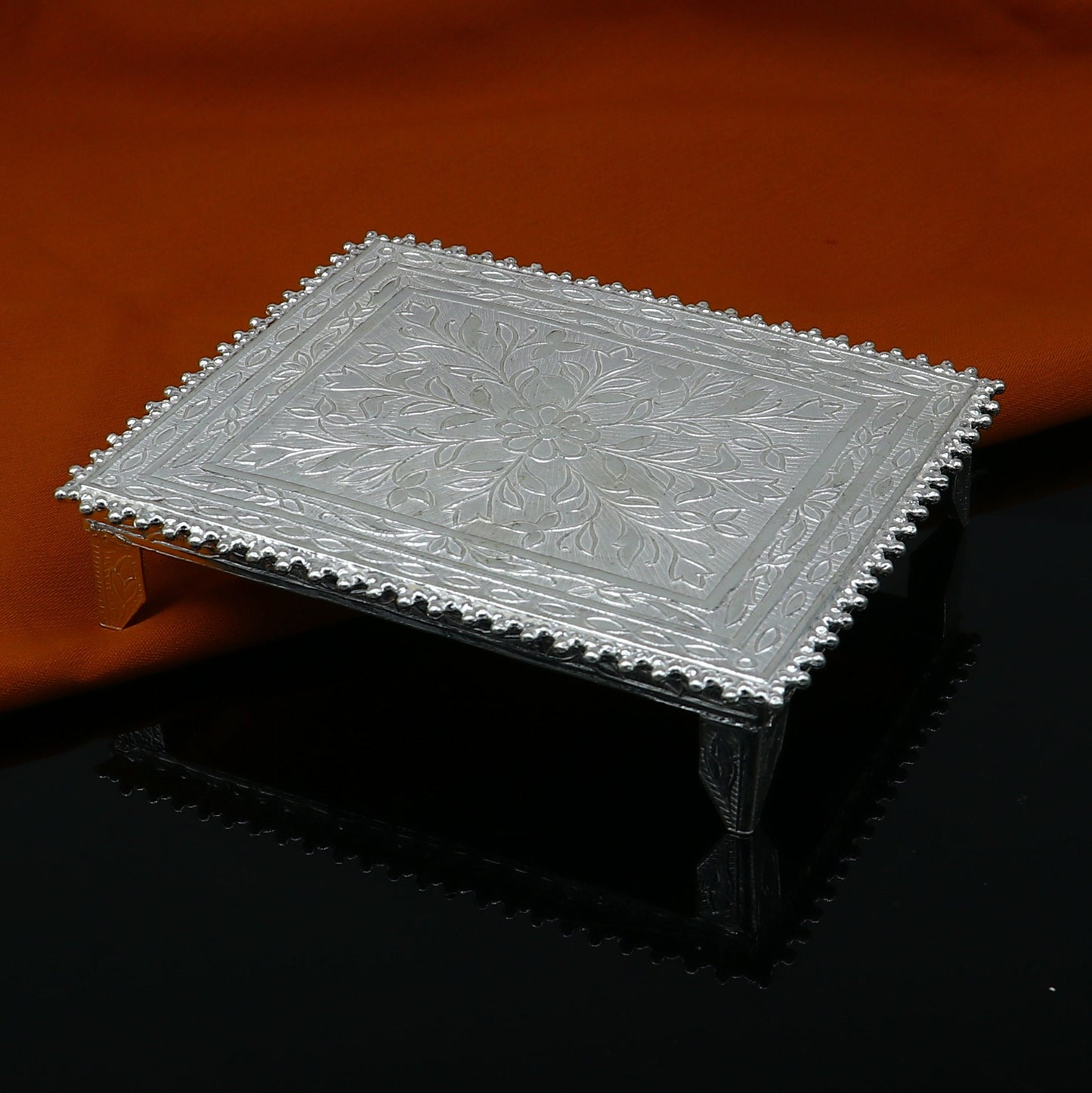3.5"x4" Vintage design Sterling silver handmade customize small rectangle shape table/bazot/chouki, excellent home puja utensils su1302 - TRIBAL ORNAMENTS