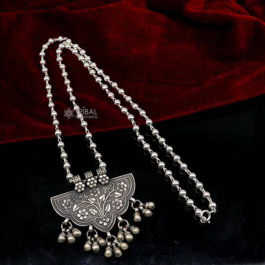 India traditional cultural style handmade 925 sterling silver chitai work pendant with silver beaded necklace best for all outfit set693 - TRIBAL ORNAMENTS