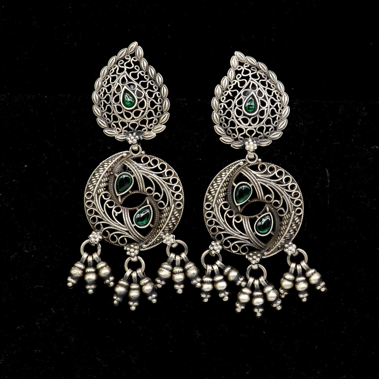 925 sterling silver fabulous unique filigree work design gree stone stud earrings with hanging drops ethnic brides jewellery India s1315 - TRIBAL ORNAMENTS