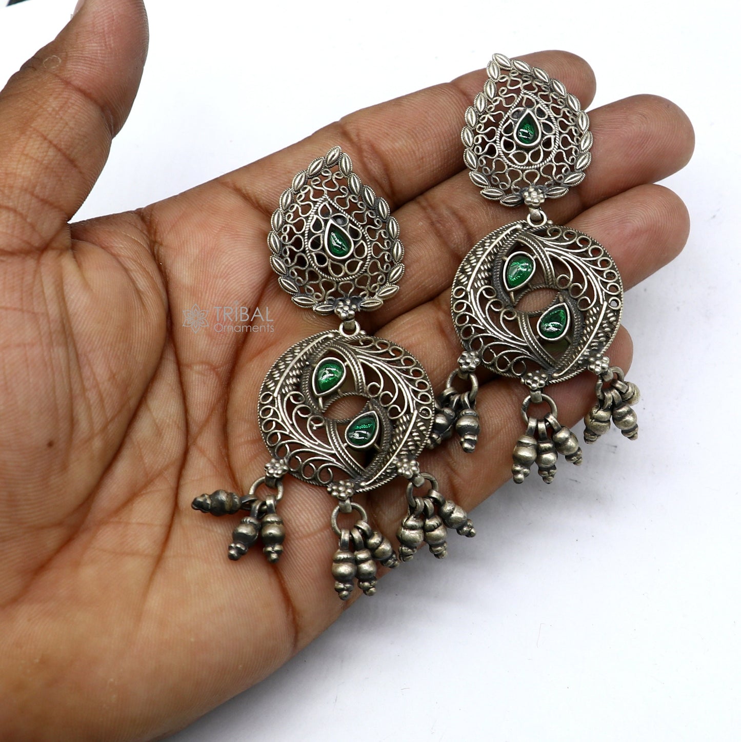 925 sterling silver fabulous unique filigree work design gree stone stud earrings with hanging drops ethnic brides jewellery India s1315 - TRIBAL ORNAMENTS