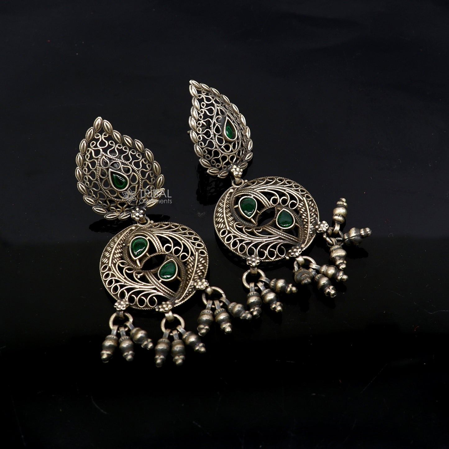 925 sterling silver fabulous unique filigree work design gree stone stud earrings with hanging drops ethnic brides jewellery India s1315 - TRIBAL ORNAMENTS