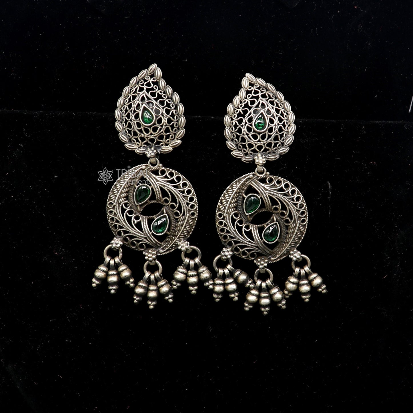 925 sterling silver fabulous unique filigree work design gree stone stud earrings with hanging drops ethnic brides jewellery India s1315 - TRIBAL ORNAMENTS