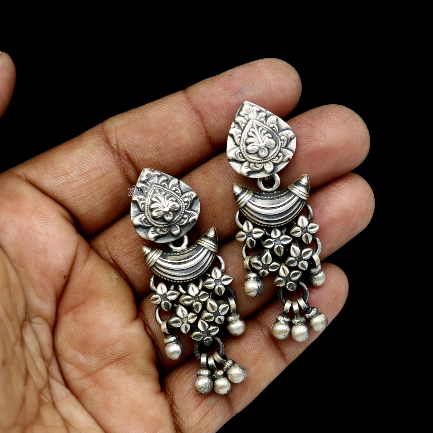 925 sterling silver unique work floral design stud earrings with hanging drops ethnic brides jewellery India s1316 - TRIBAL ORNAMENTS