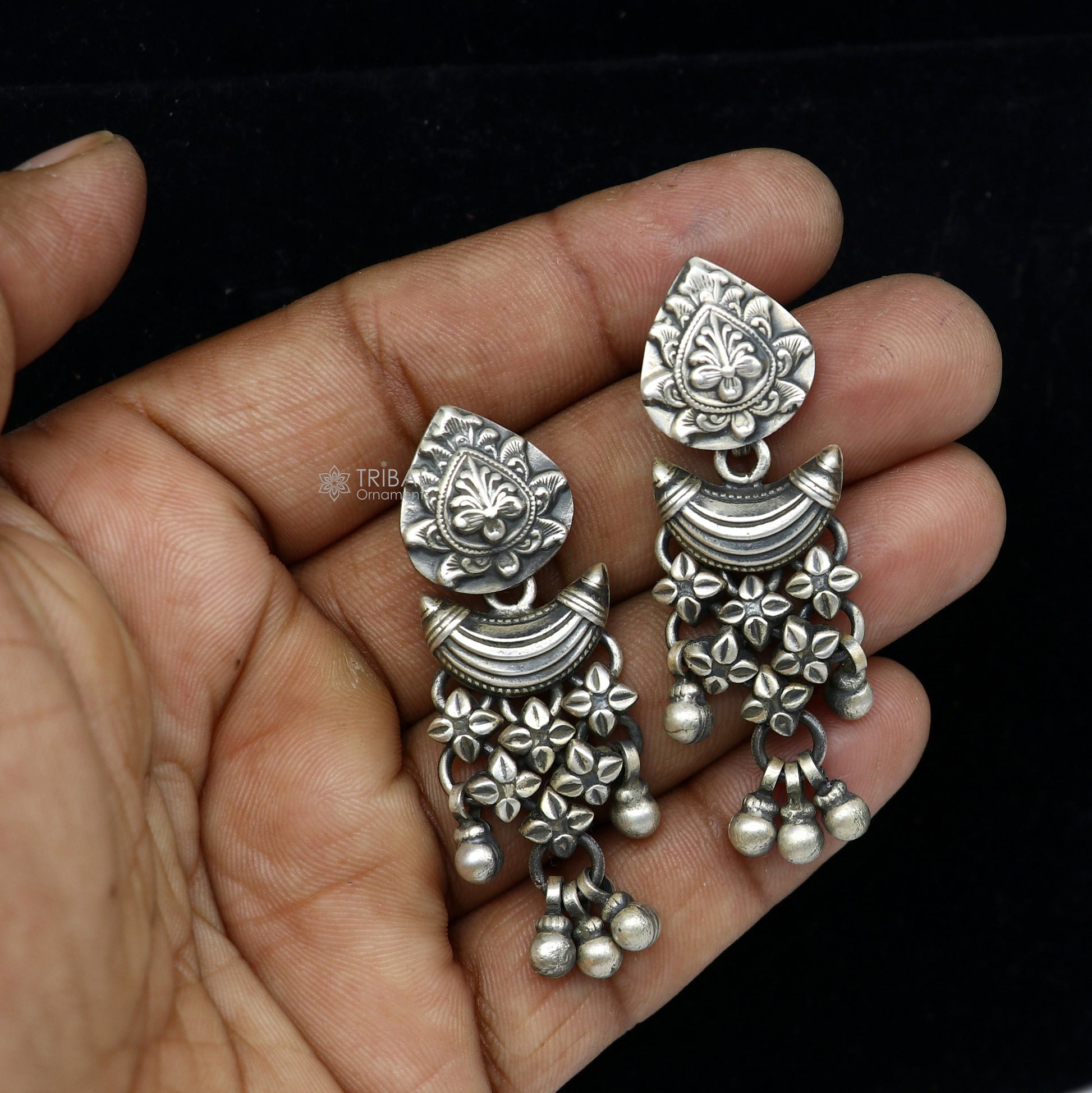 925 sterling silver unique work floral design stud earrings with hanging drops ethnic brides jewellery India s1316 - TRIBAL ORNAMENTS