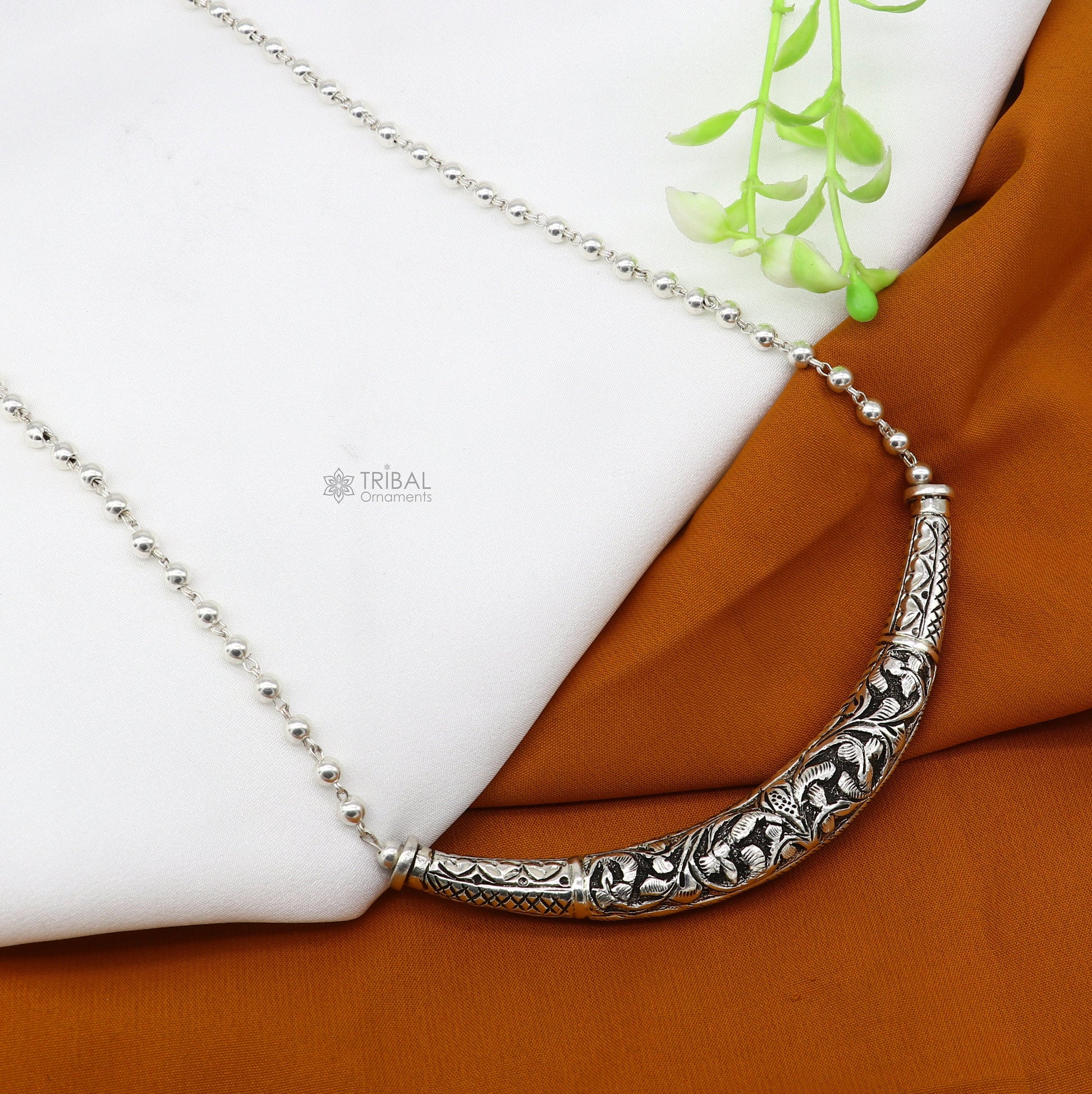 24" long Vintage Indian traditional style trendy 925 sterling silver chitai necklace, choker tribal jewelry SET700 - TRIBAL ORNAMENTS