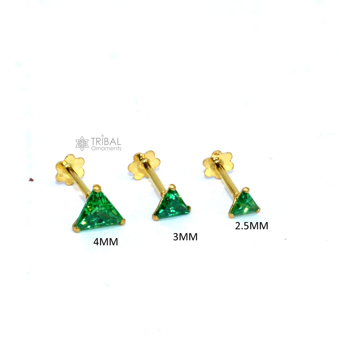 2.5MM/3MM/4MM 18kt yellow gold handmade single green stone triangle shape stud earring cartilage unisex jewellery er187 - TRIBAL ORNAMENTS