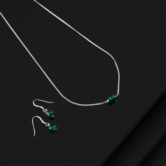 Pure 925 sterling silver chain necklace set and vintage antique green colour ball style pendant and earing set ms121 - TRIBAL ORNAMENTS