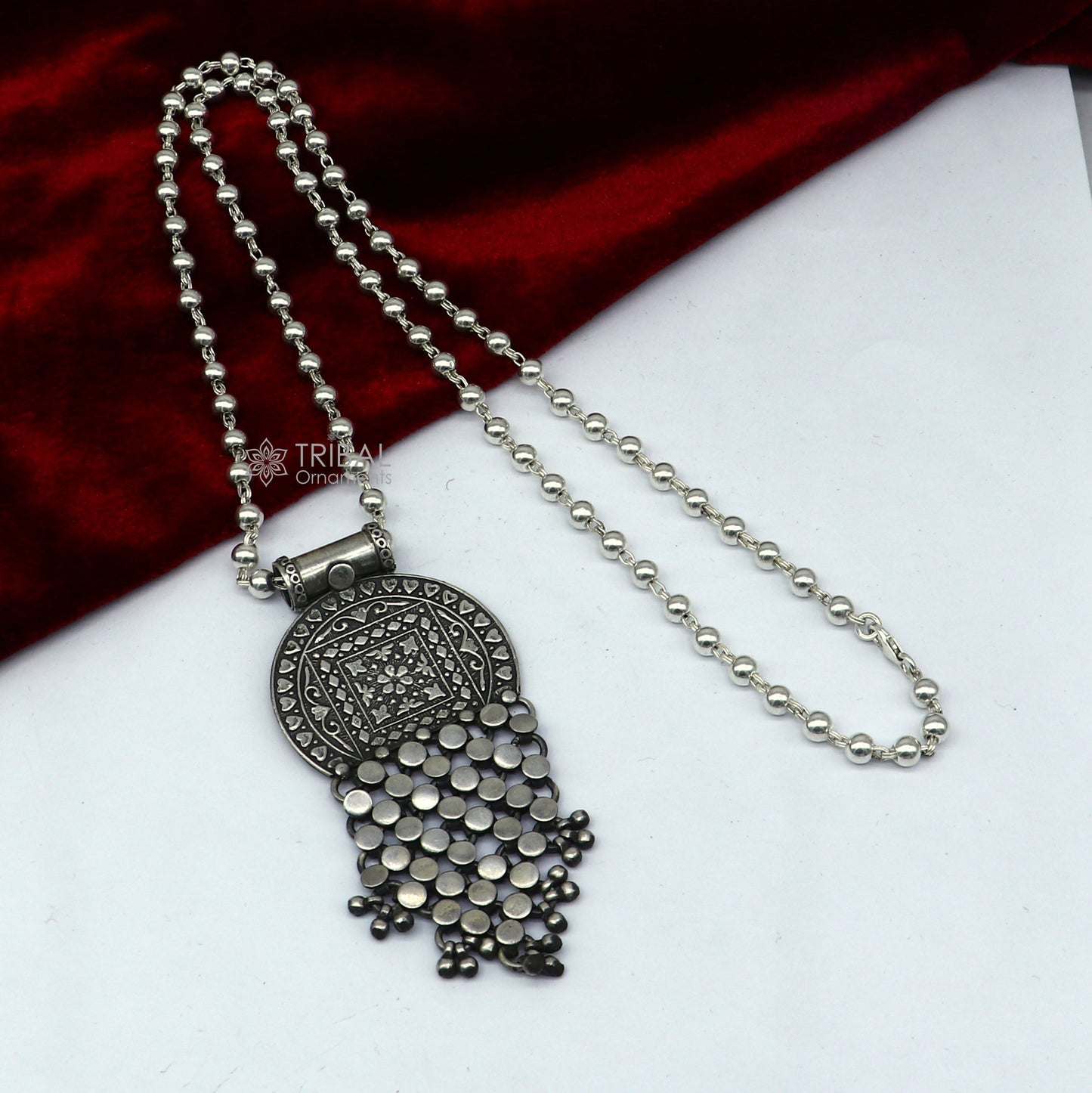 30" 925 sterling silver handmade 4mm beaded long necklace with unique design traditional cultural functional charm necklace jewelry Set702 - TRIBAL ORNAMENTS